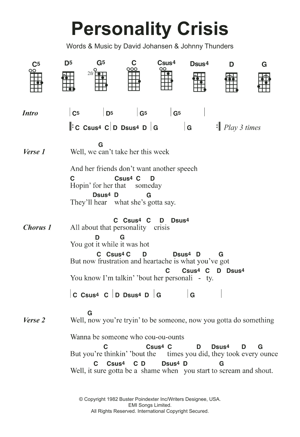 The New York Dolls Personality Crisis Sheet Music