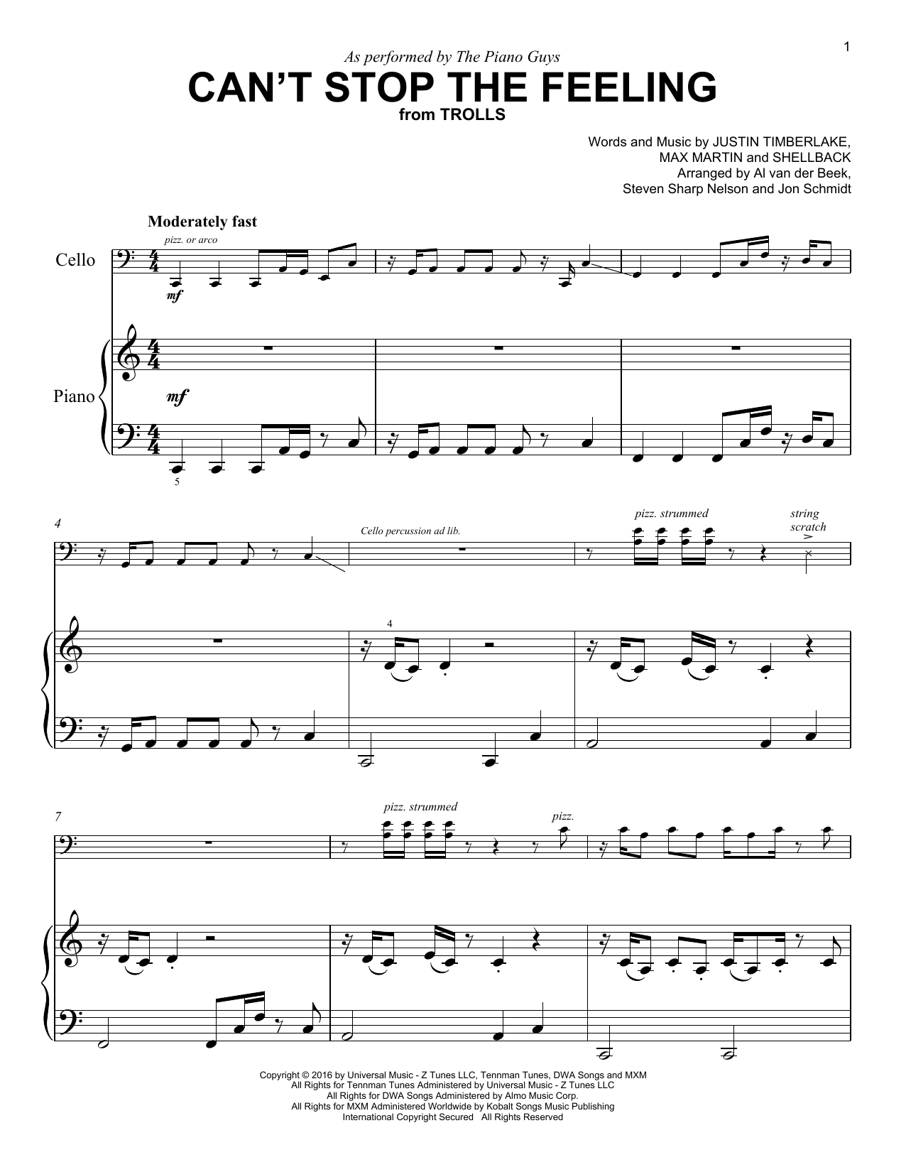 The Piano Guys Can't Stop The Feeling! Sheet Music