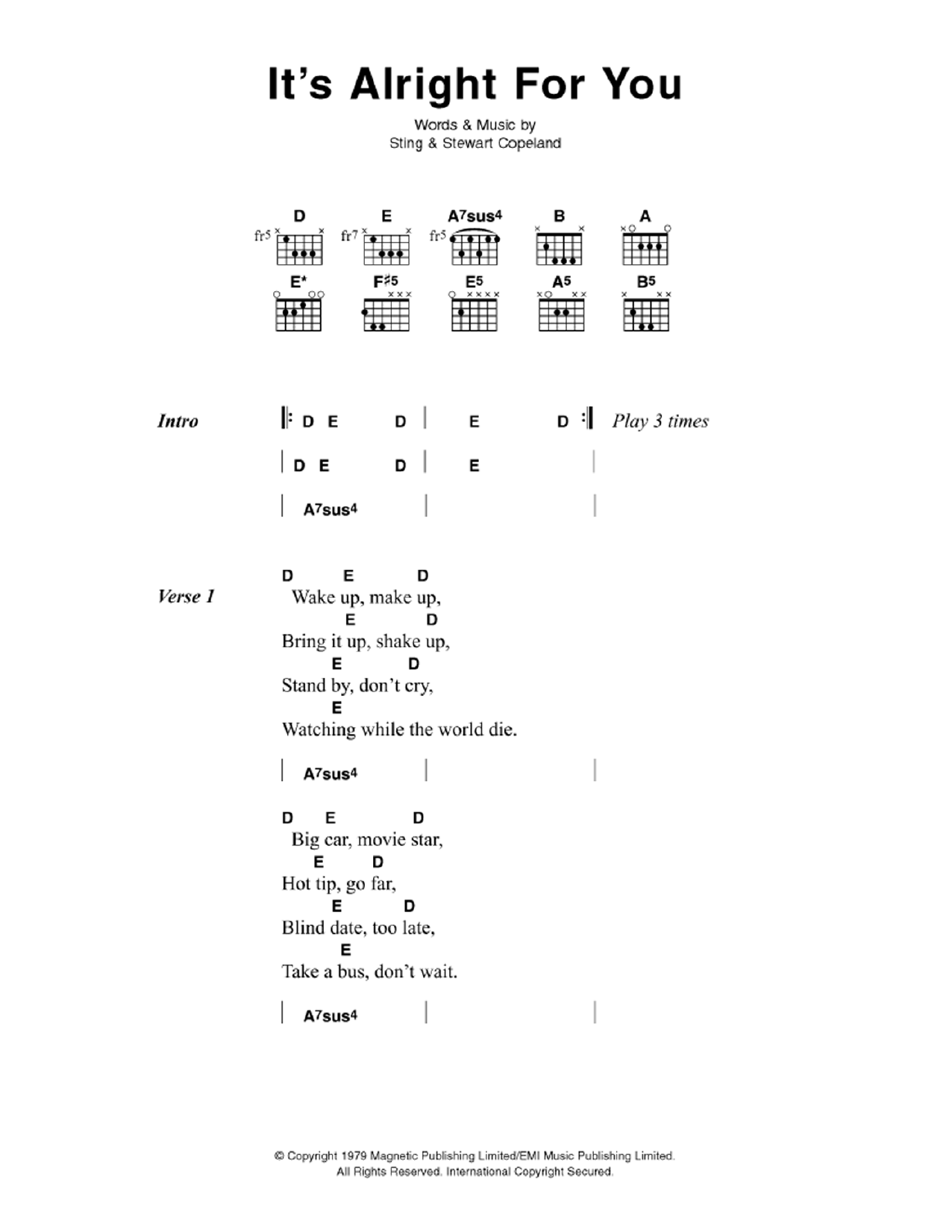 The Police It's Alright For You Sheet Music