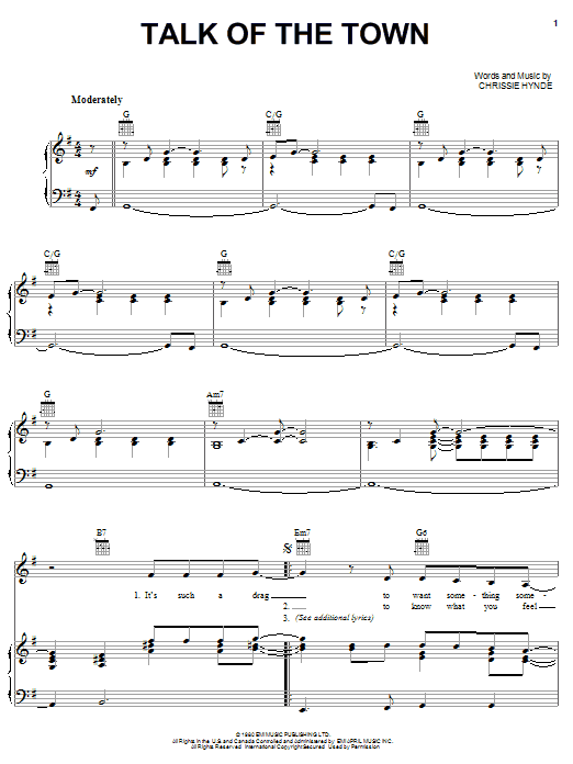 The Pretenders Talk Of The Town Sheet Music
