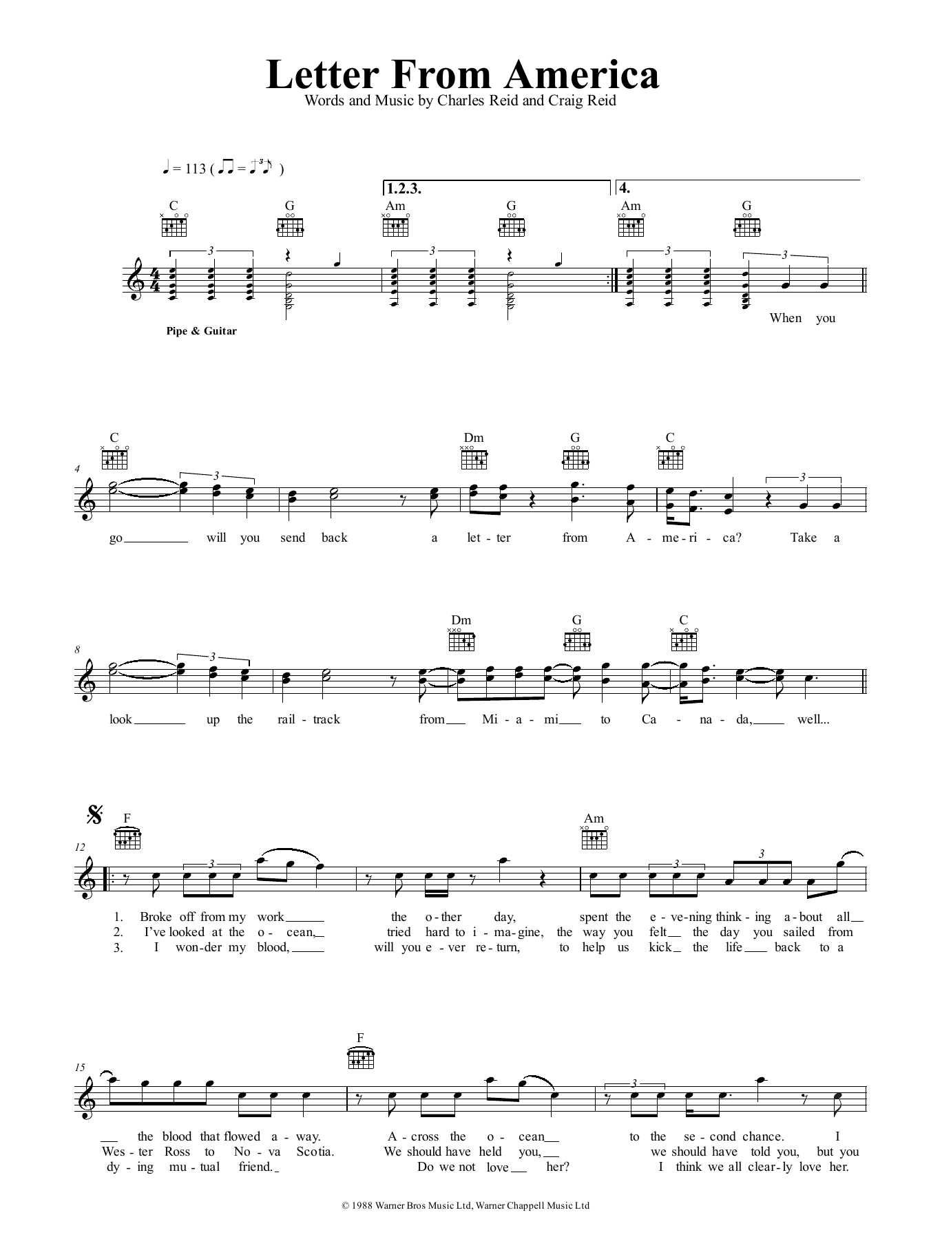 The Proclaimers Letter From America Sheet Music