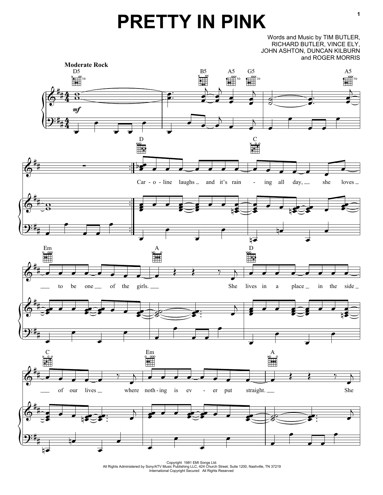 The Psychedelic Furs Pretty In Pink Sheet Music