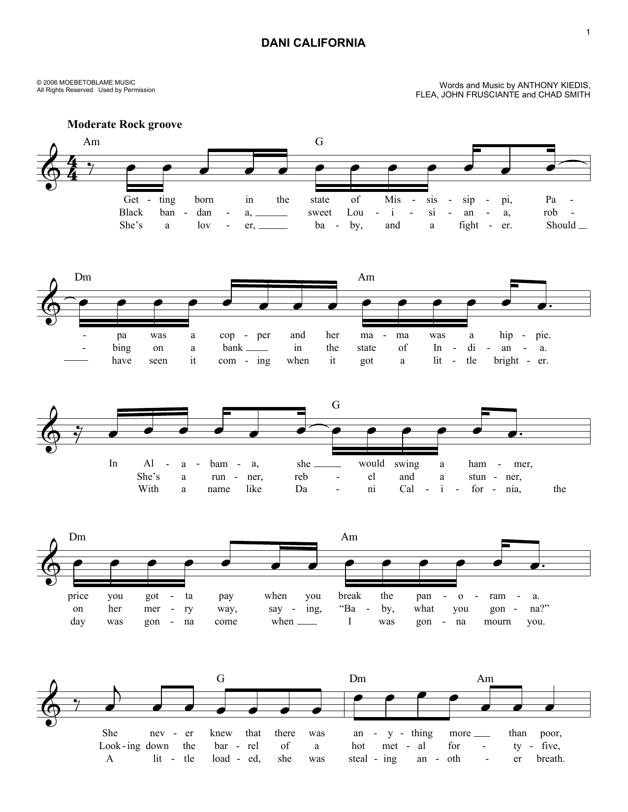 Red Hot Chili Peppers Dani California Sheet Music