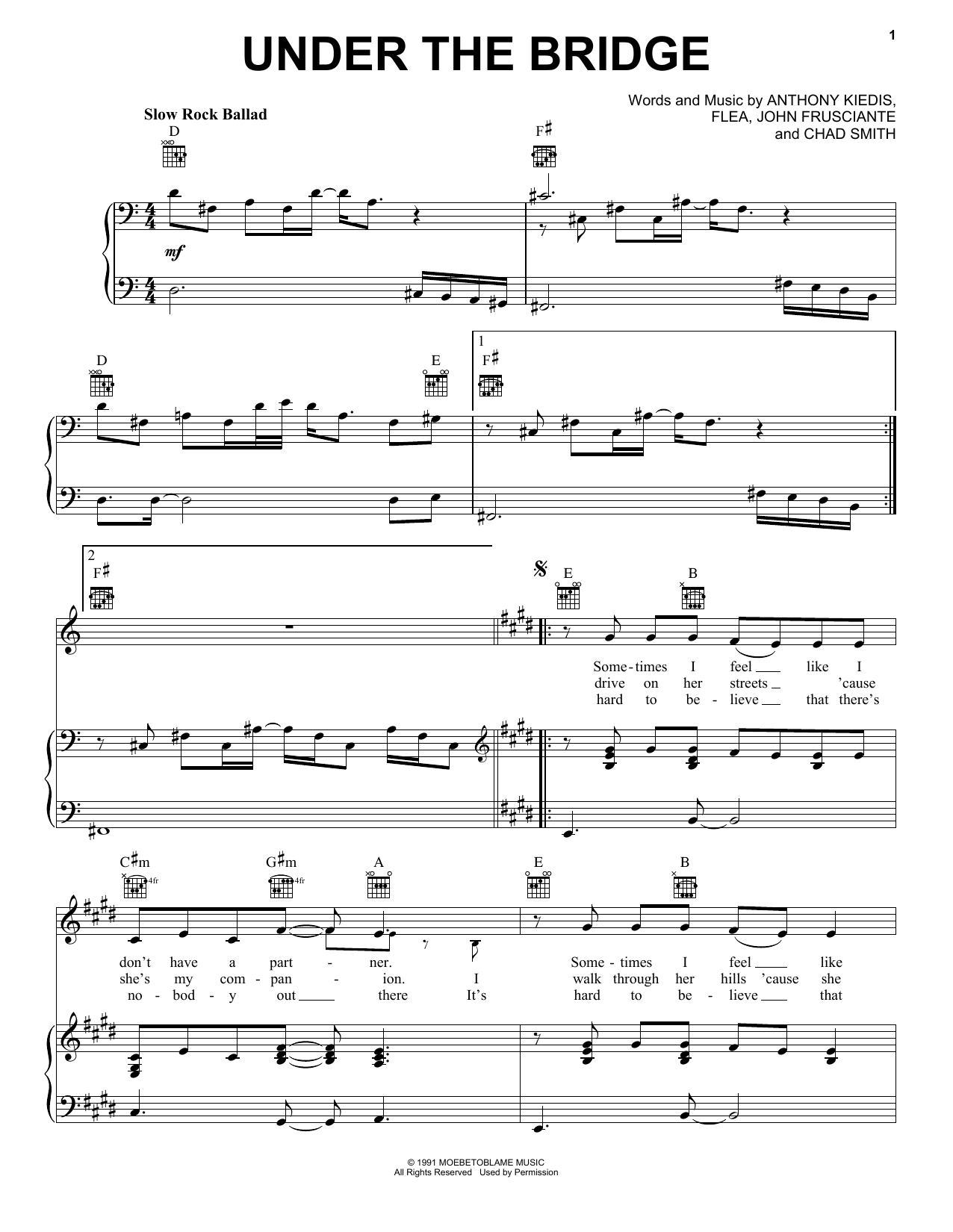 Red Hot Chili Peppers Under The Bridge Sheet Music