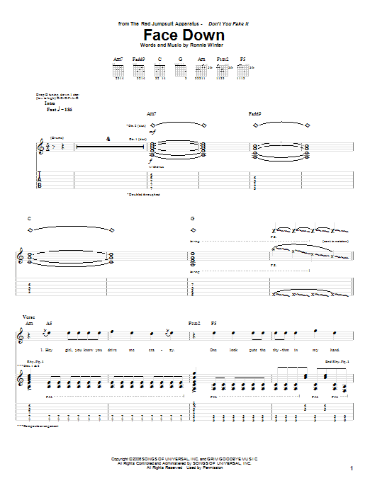 The Red Jumpsuit Apparatus Face Down Sheet Music