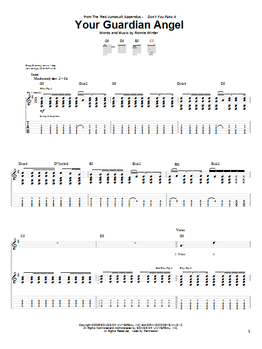 The Red Jumpsuit Apparatus Your Guardian Angel Sheet Music