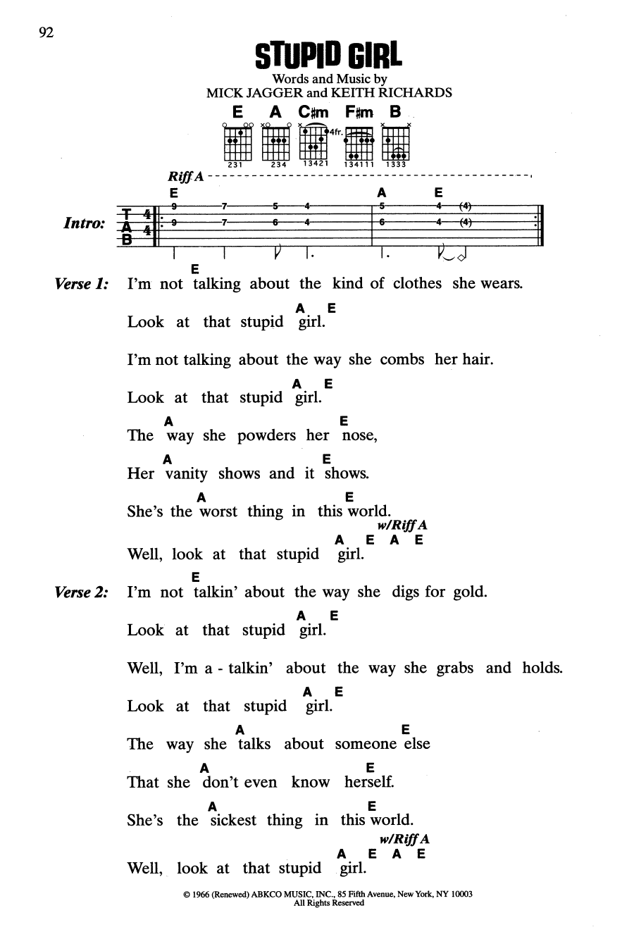 The Rolling Stones Stupid Girl Sheet Music