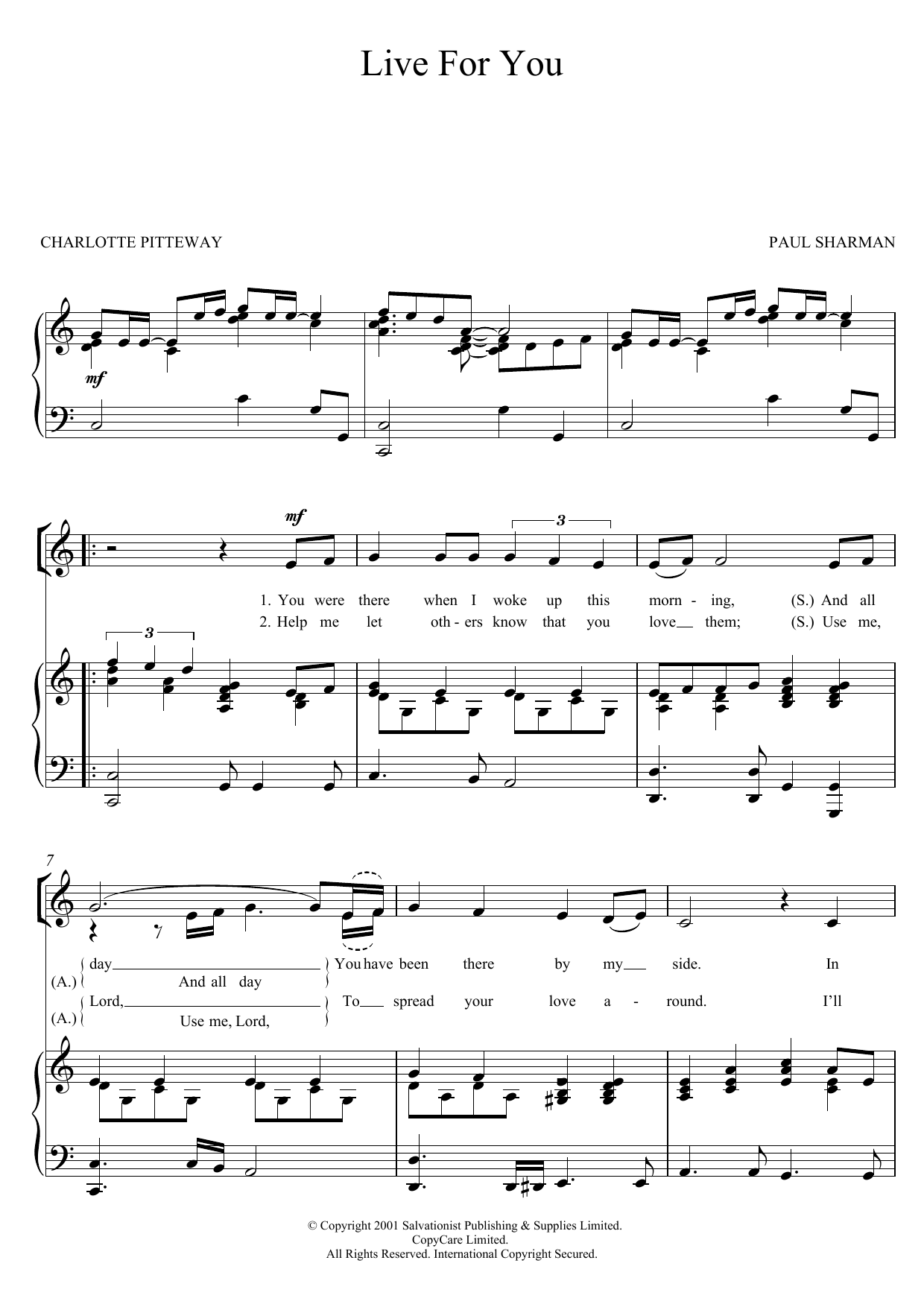 The Salvation Army Live For You Sheet Music