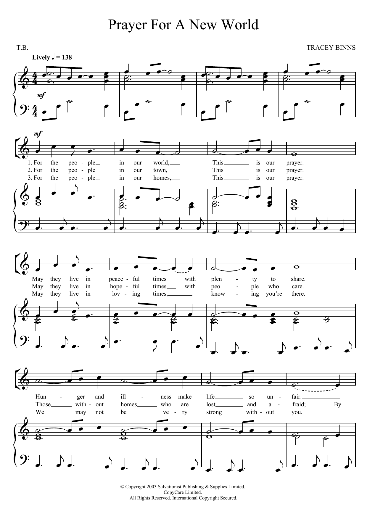The Salvation Army Prayer For A New World Sheet Music