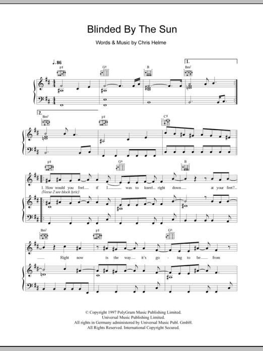 The Seahorses Blinded By The Sun Sheet Music