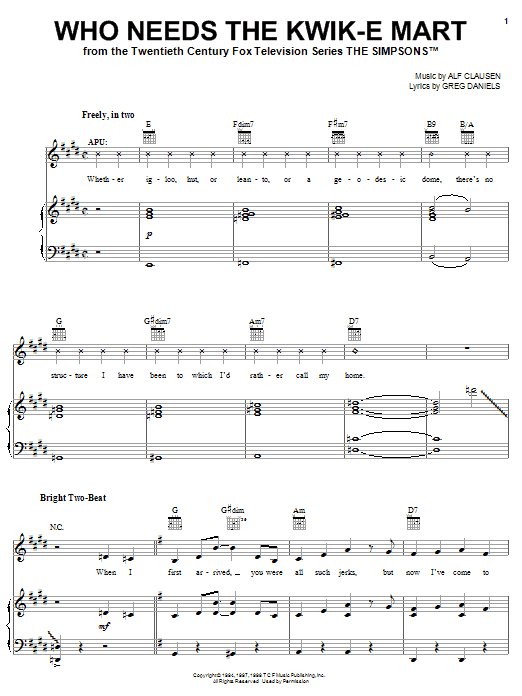 The Simpsons Who Needs The Kwik-E Mart Sheet Music