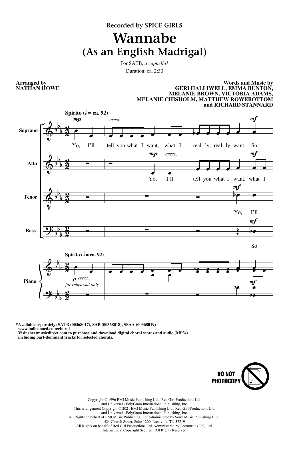 Spice Girls Wannabe (As an English Madrigal) (arr. Nathan Howe) Sheet Music