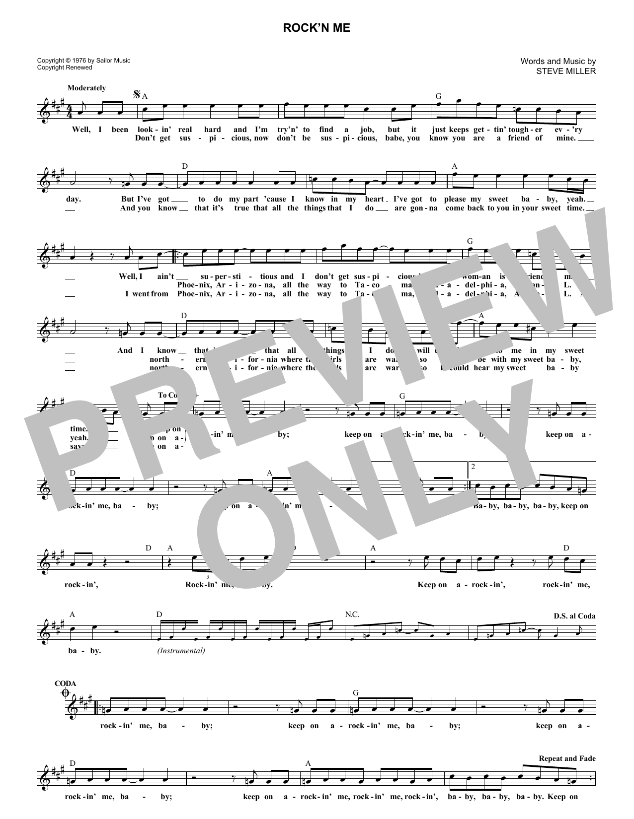 Steve Miller Band Rock'n Me Sheet Music