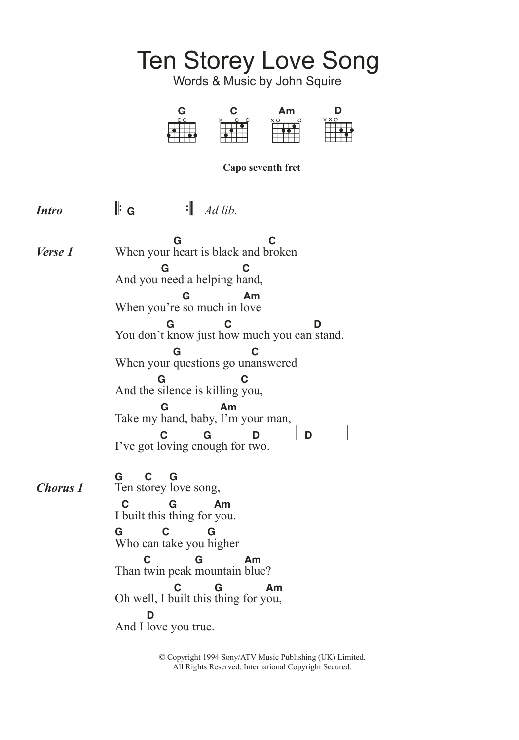 The Stone Roses Ten Storey Love Song Sheet Music