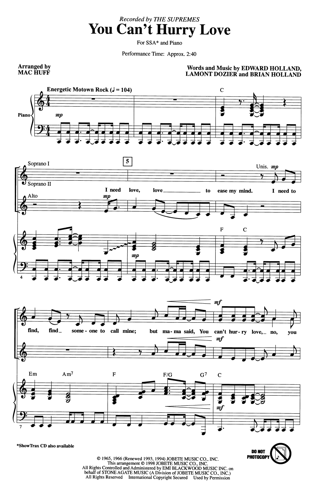 The Supremes You Can't Hurry Love (arr. Mac Huff) Sheet Music