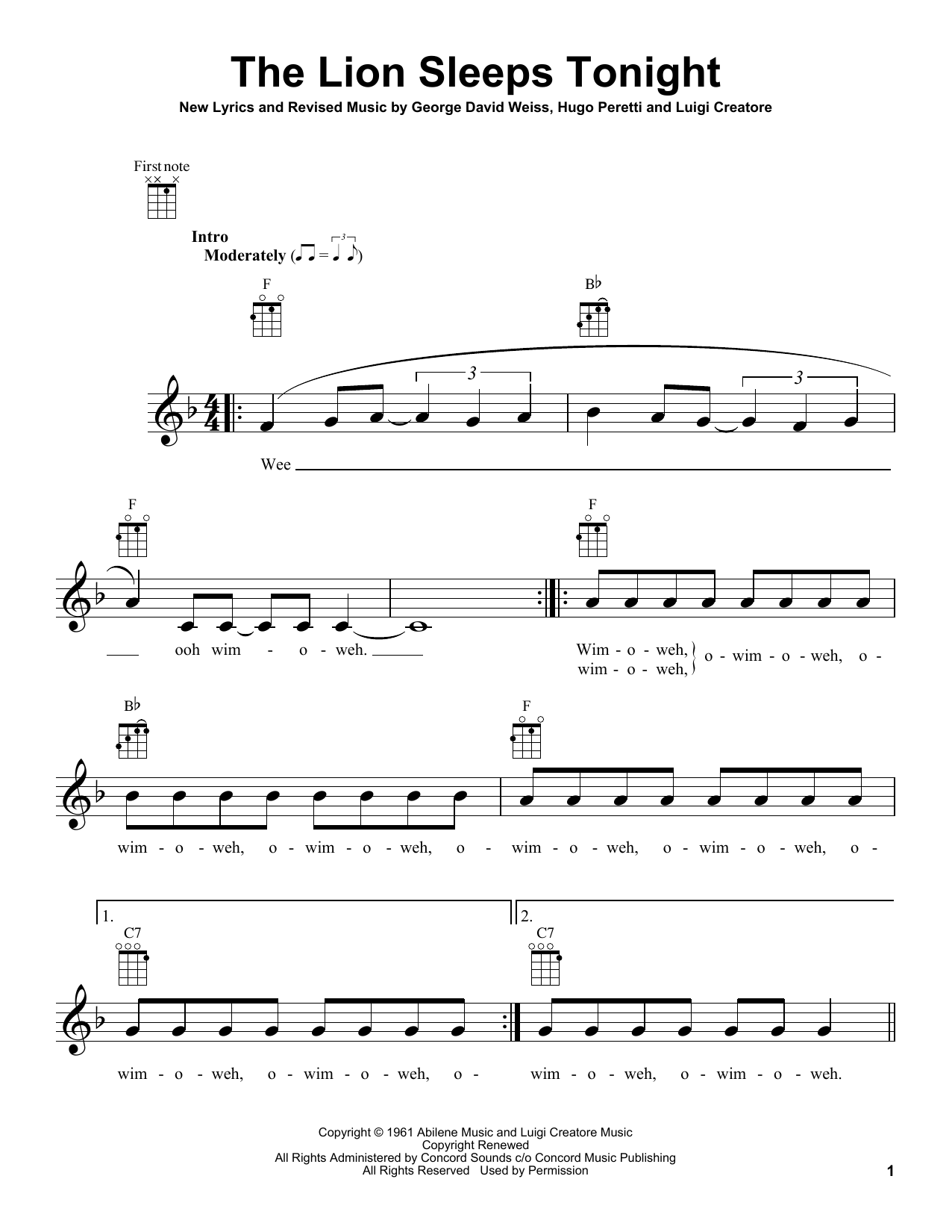 The Tokens The Lion Sleeps Tonight Sheet Music
