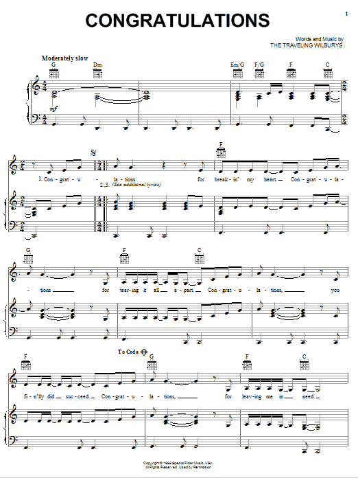 The Traveling Wilburys Congratulations Sheet Music