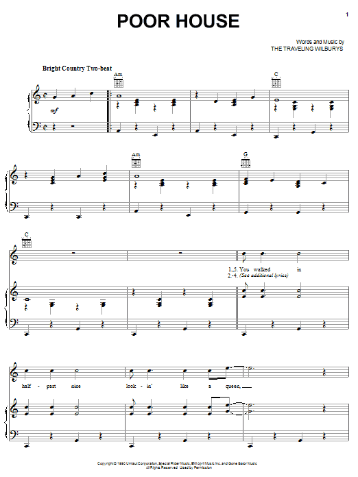 The Traveling Wilburys Poor House Sheet Music