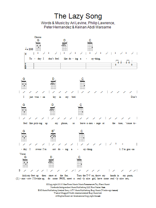 The Ukuleles The Lazy Song Sheet Music