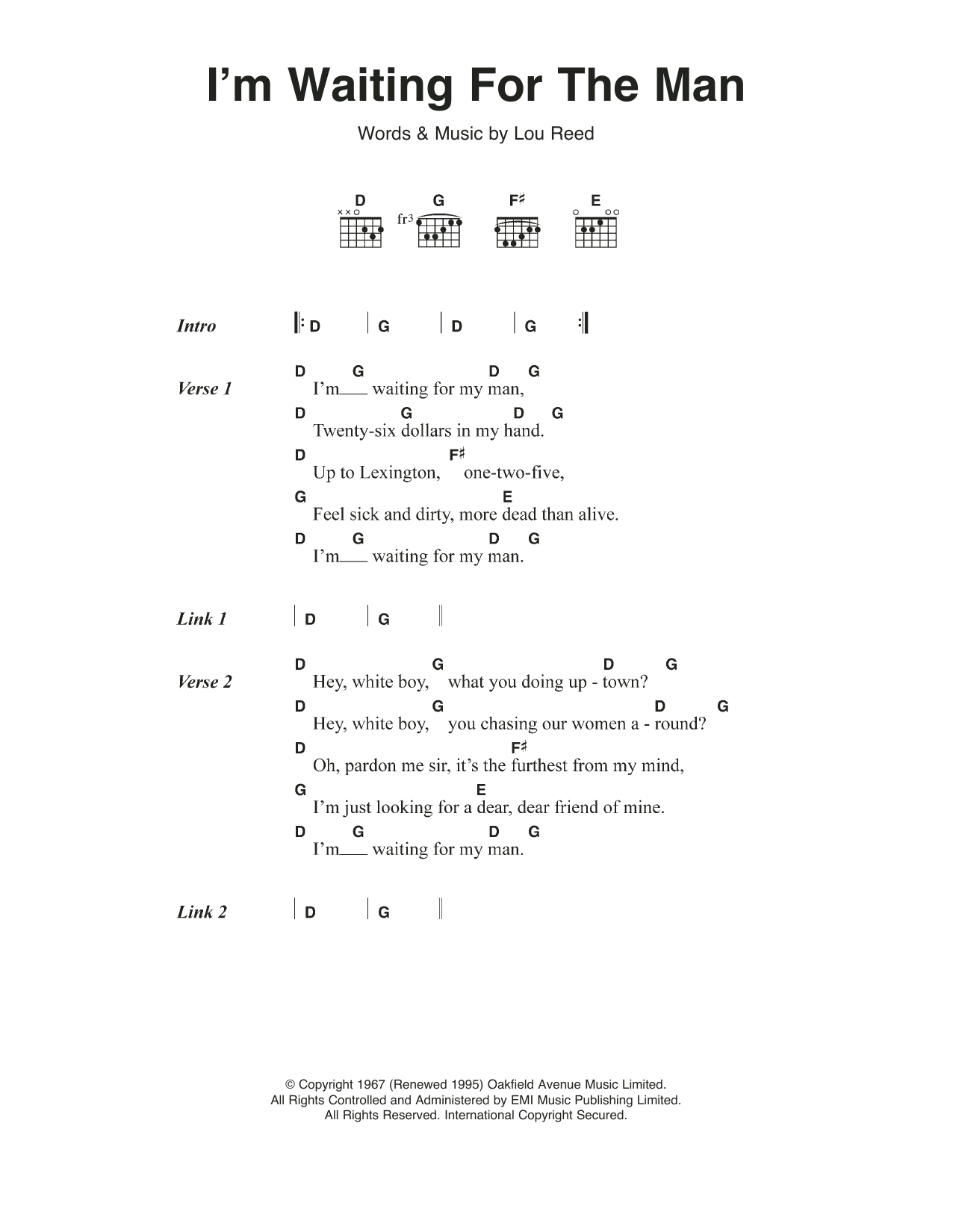 The Velvet Underground I'm Waiting For The Man (Waiting For My Man) Sheet Music