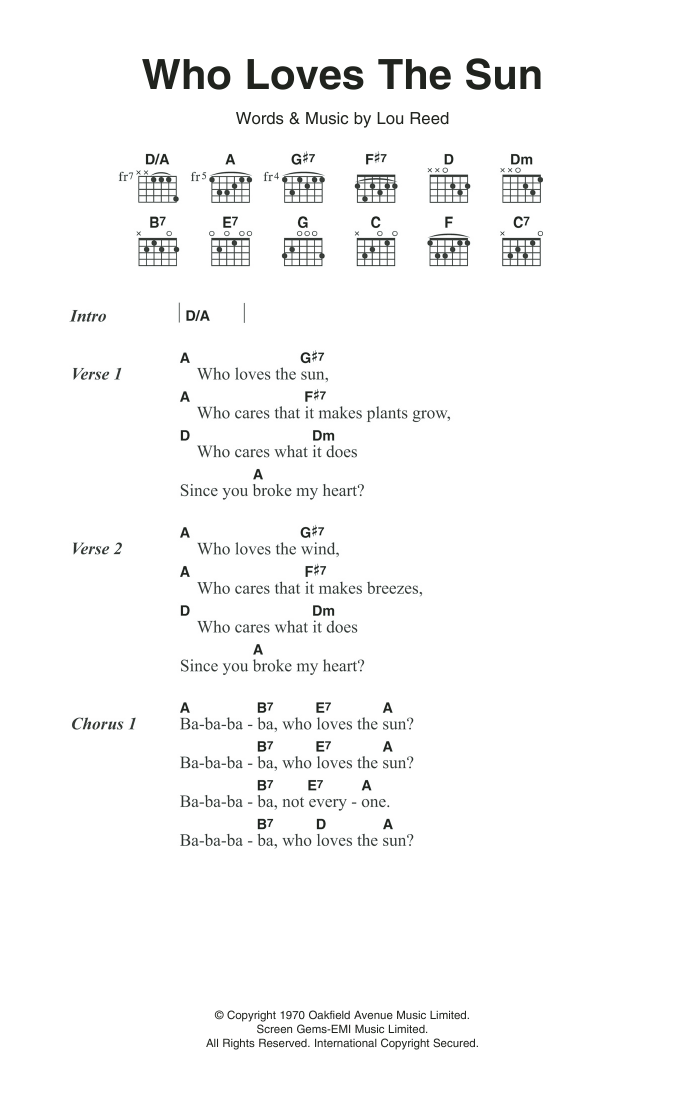 The Velvet Underground Who Loves The Sun Sheet Music