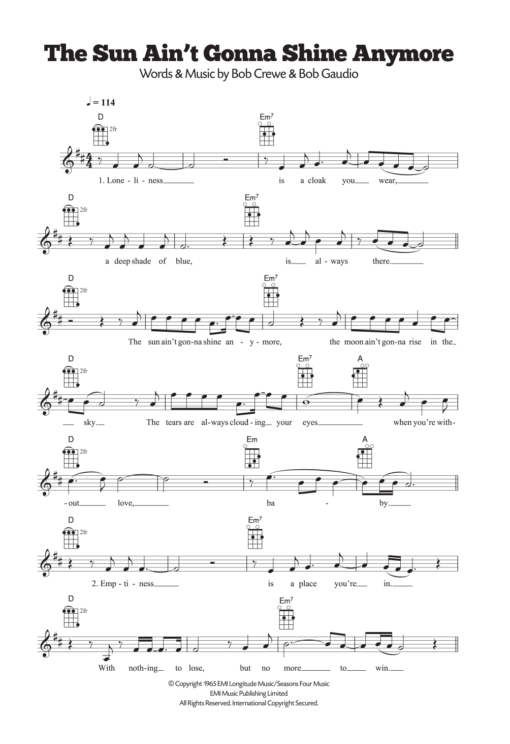The Walker Brothers The Sun Ain't Gonna Shine Anymore Sheet Music
