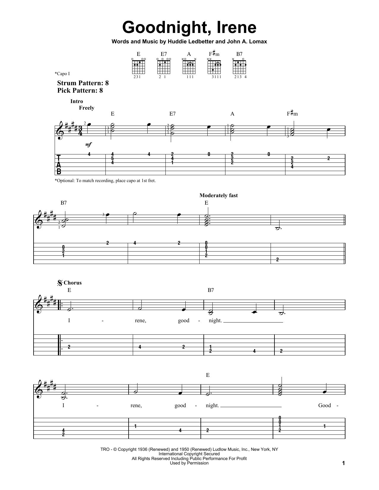 The Weavers Goodnight, Irene Sheet Music