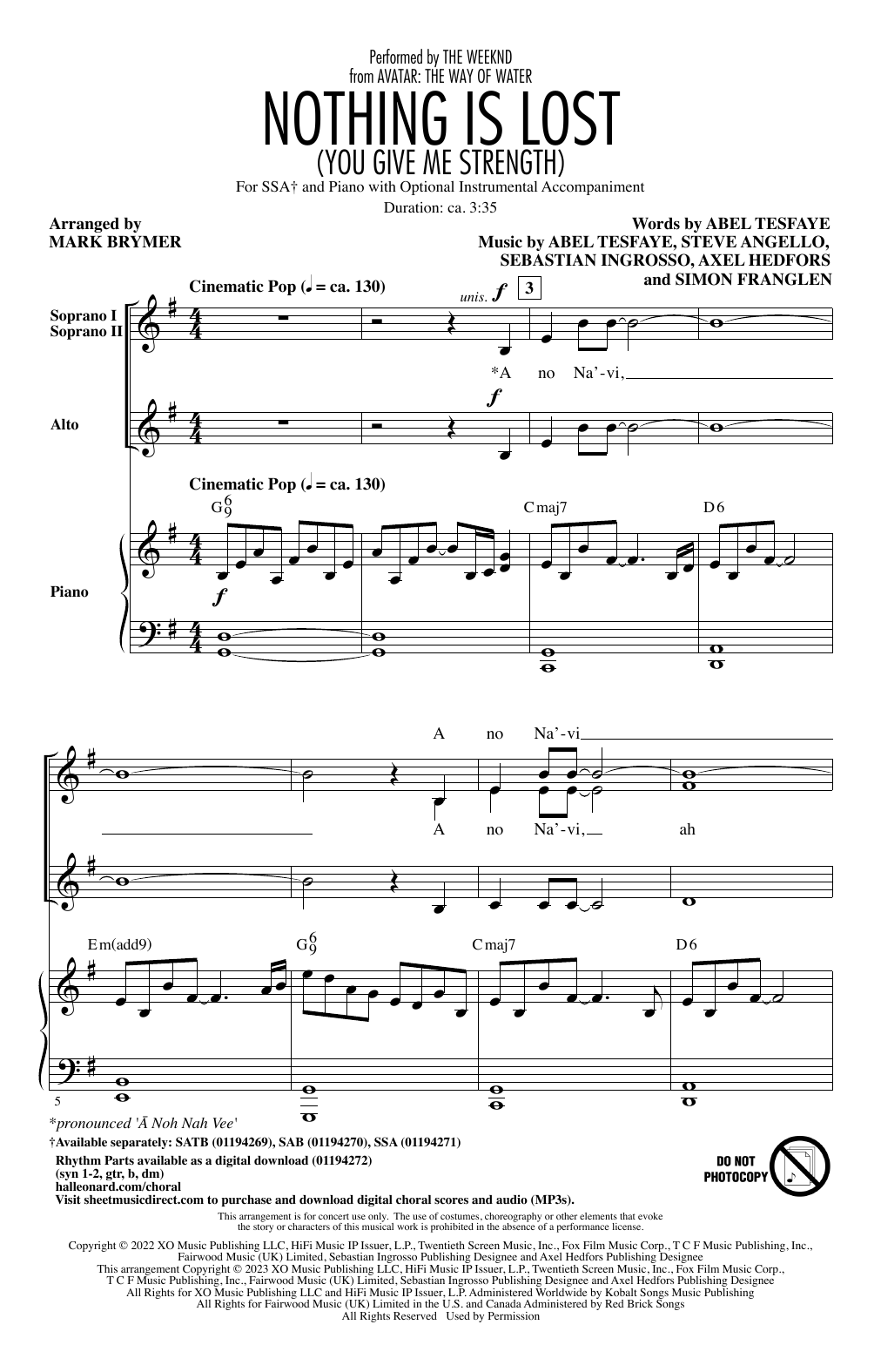 The Weeknd Nothing Is Lost (You Give Me Strength) (arr. Mark Brymer) Sheet Music