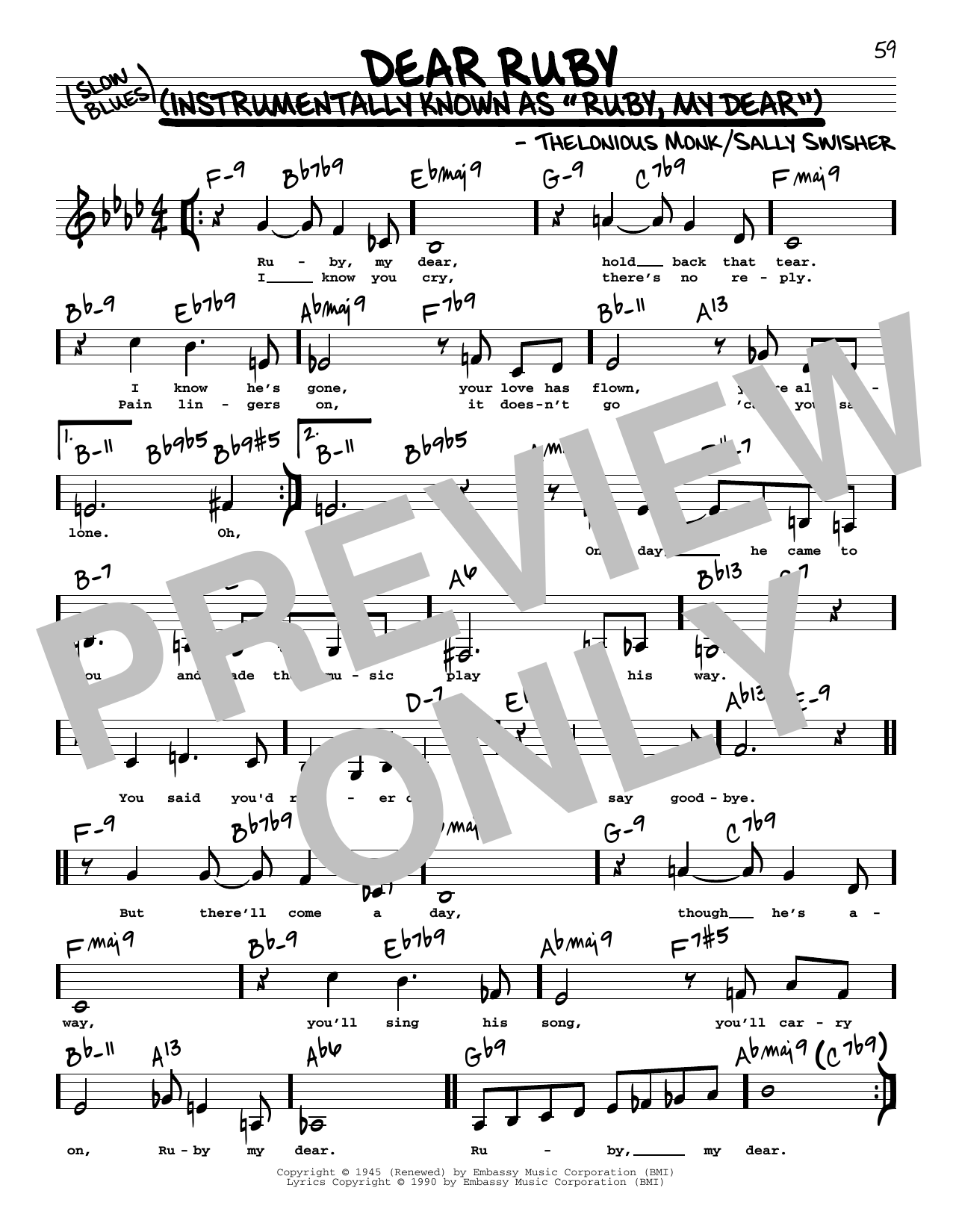 Thelonious Monk Dear Ruby (Low Voice) Sheet Music