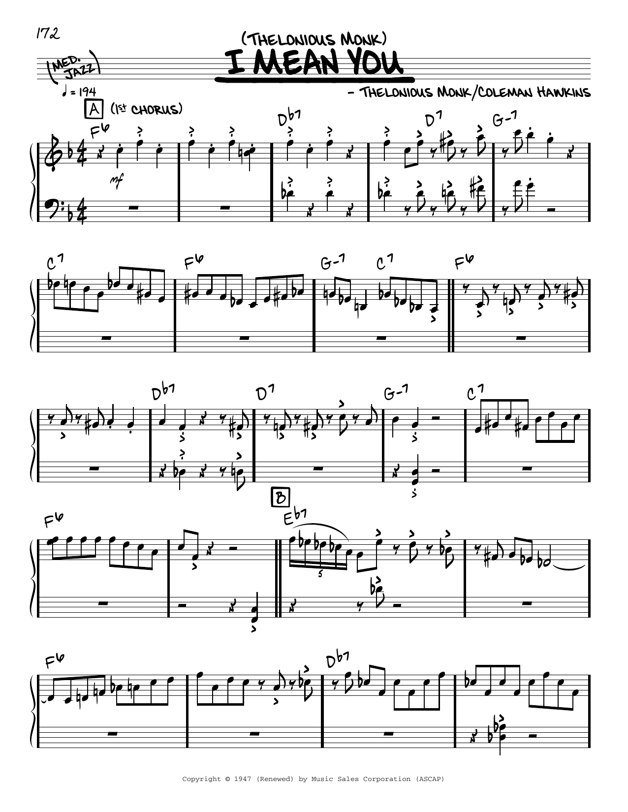 Thelonious Monk I Mean You (solo only) Sheet Music
