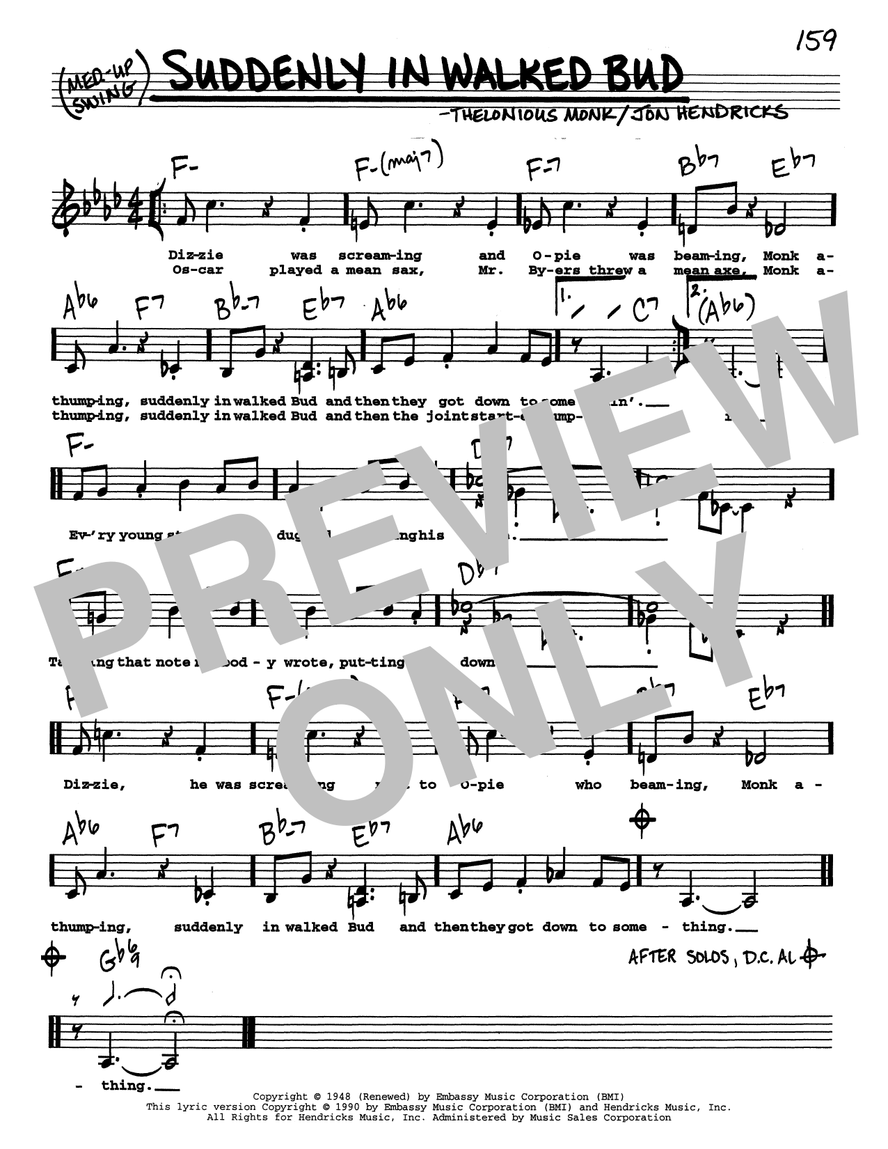 Thelonious Monk In Walked Bud (Low Voice) Sheet Music