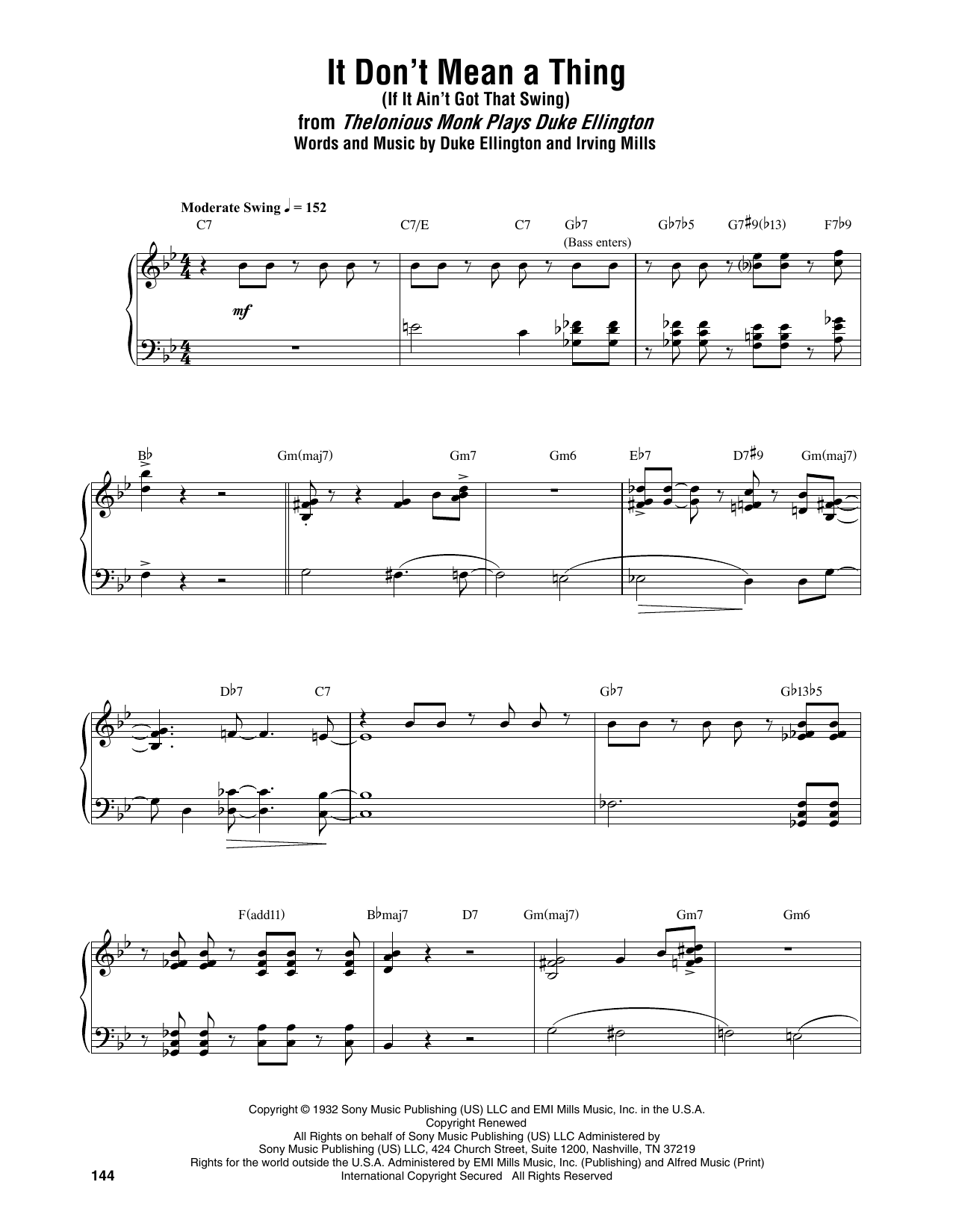Thelonious Monk It Don't Mean A Thing (If It Ain't Got That Swing) Sheet Music