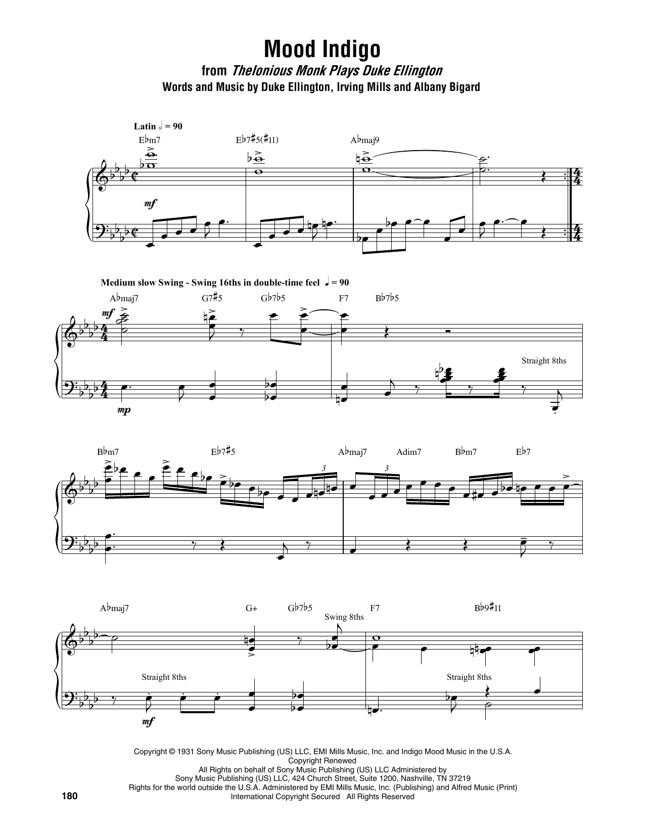 Thelonious Monk Mood Indigo Sheet Music