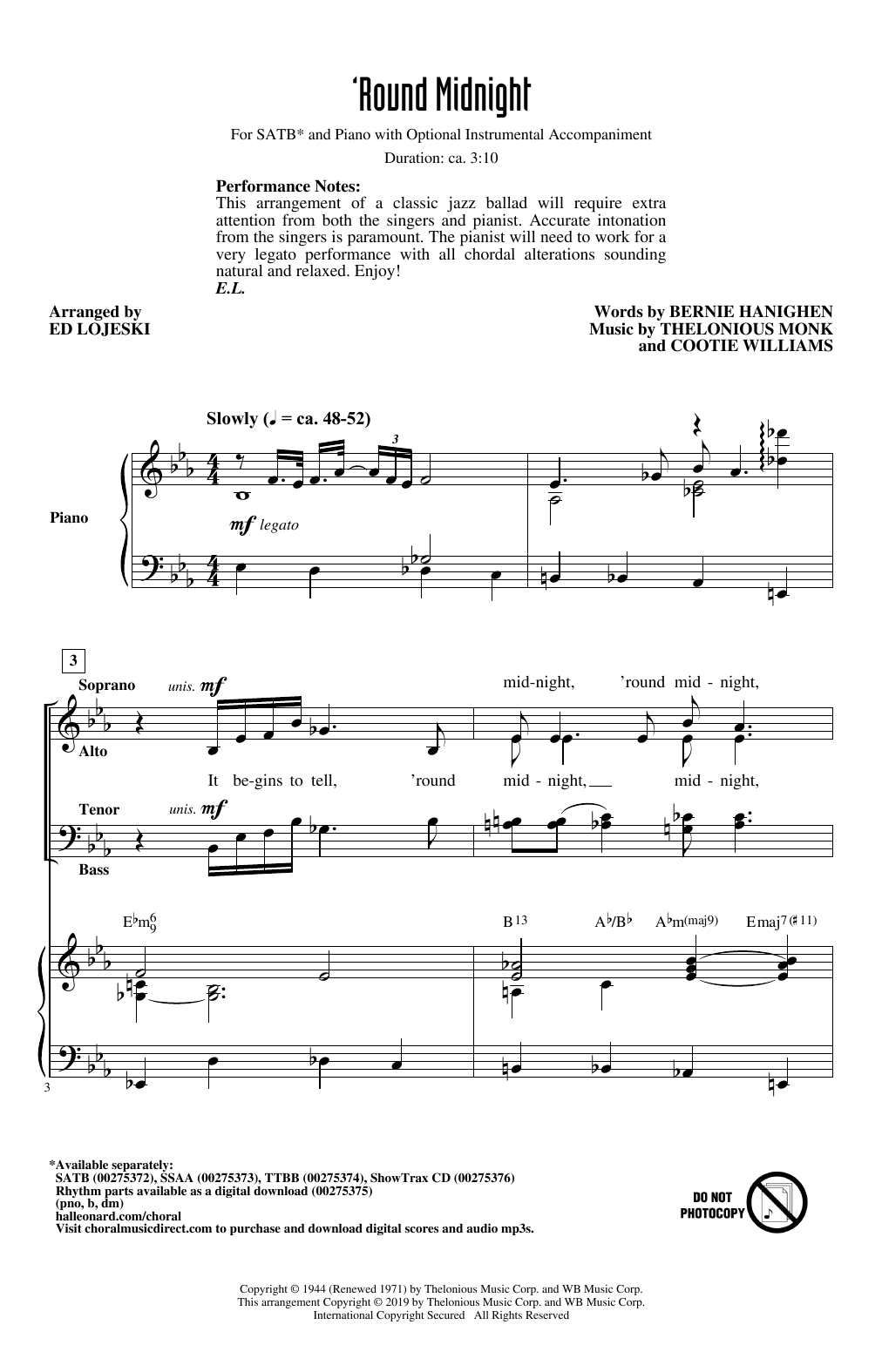 Thelonious Monk 'Round Midnight (arr. Ed Lojeski) Sheet Music