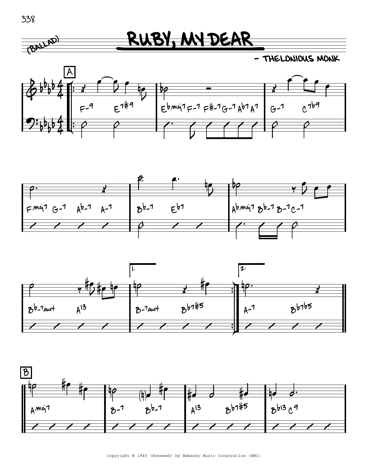 Thelonious Monk Ruby, My Dear [Reharmonized version] (arr. Jack Grassel) Sheet Music