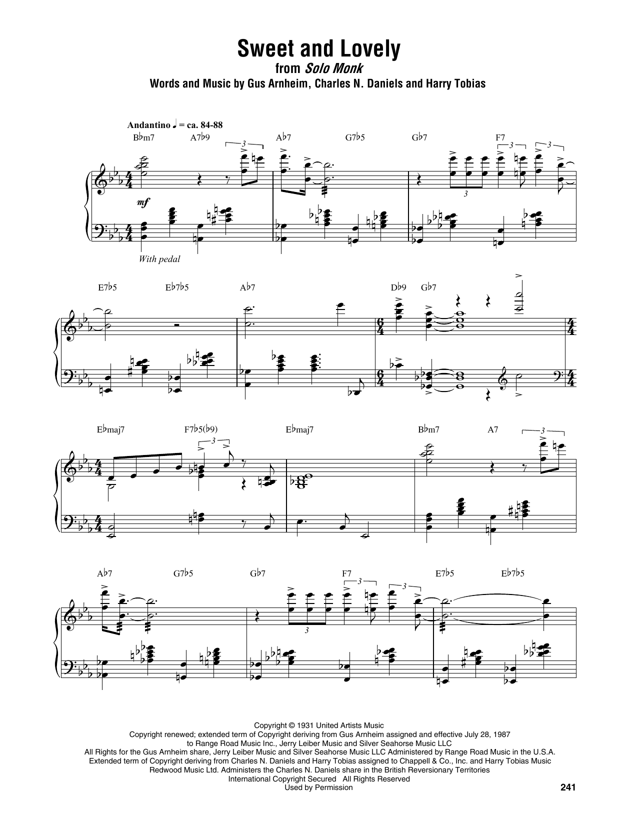 Thelonious Monk Sweet And Lovely Sheet Music