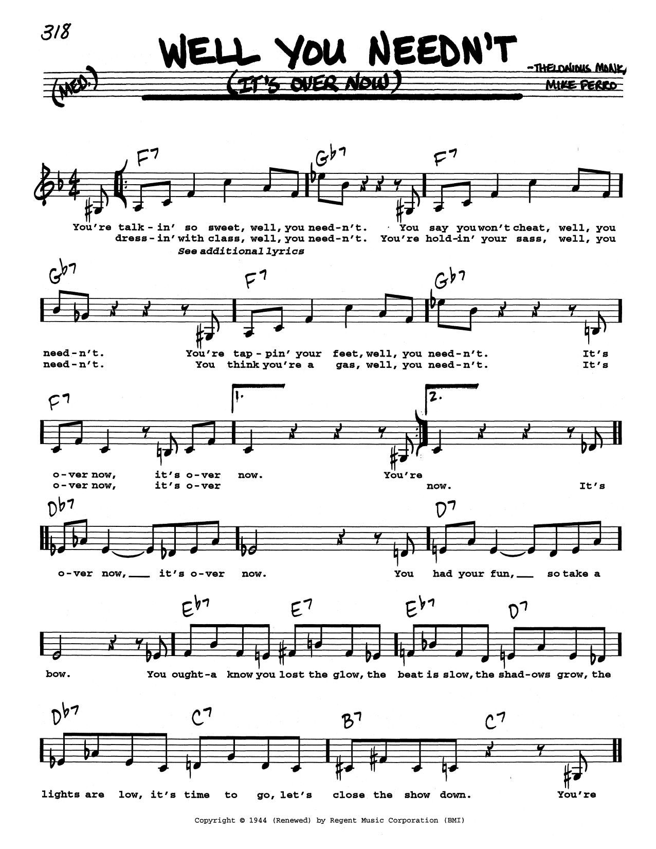 Thelonious Monk Well You Needn't (It's Over Now) (Low Voice) Sheet Music
