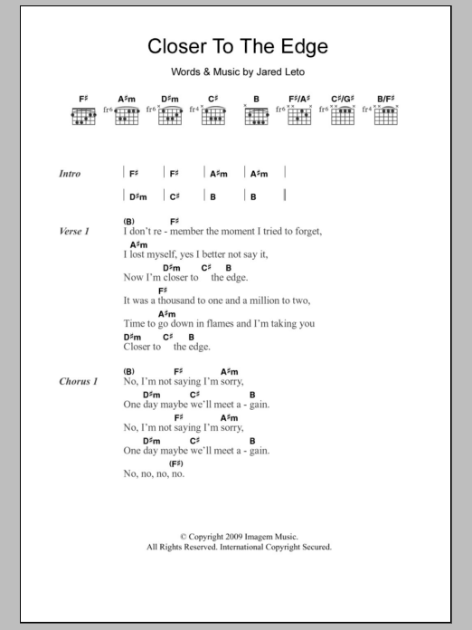 Thirty Seconds To Mars Closer To The Edge Sheet Music
