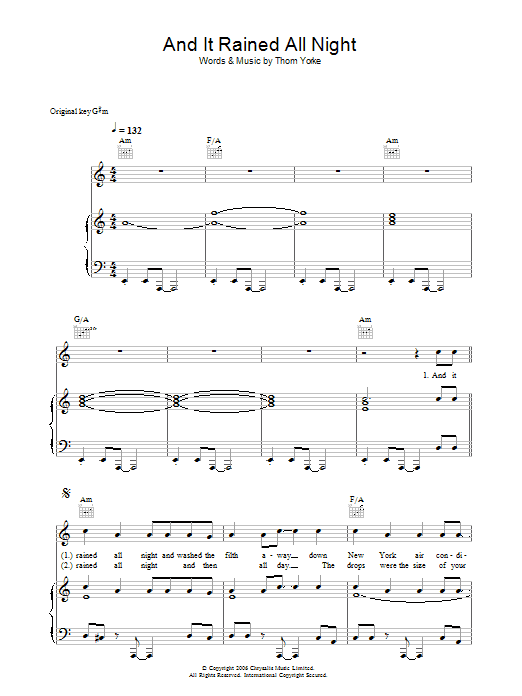Thom Yorke And It Rained All Night Sheet Music