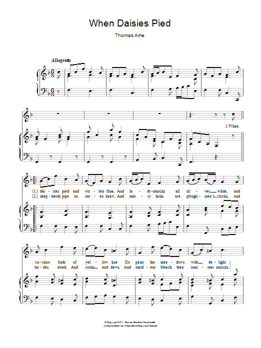 Thomas Arne When Daisies Pied Sheet Music