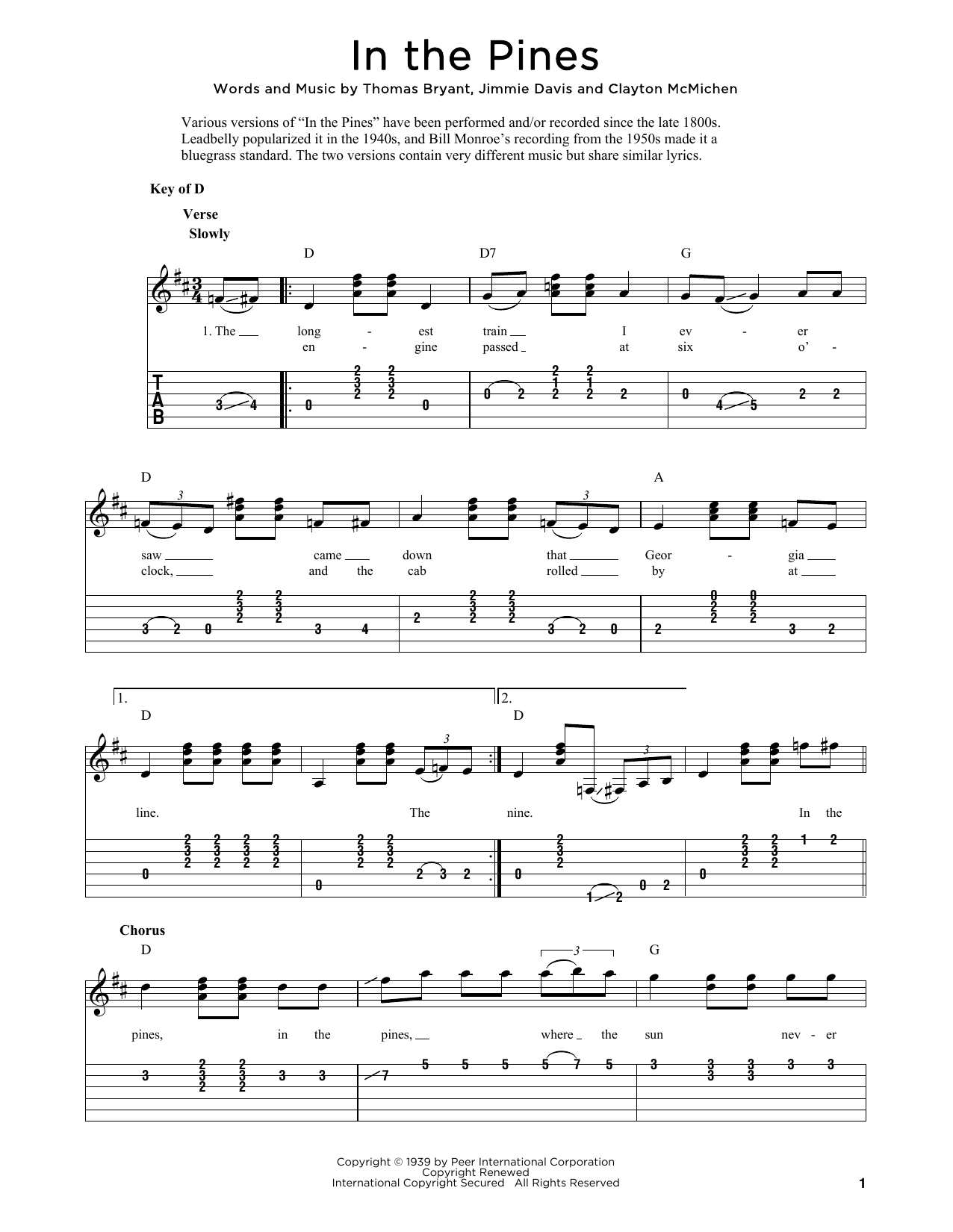Thomas Bryant In The Pines (arr. Fred Sokolow) Sheet Music