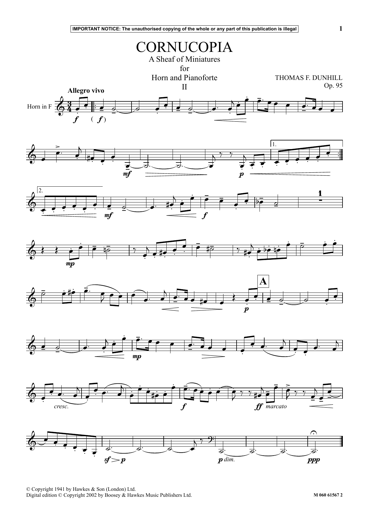 Thomas F. Dunhill Cornucopia - A Sheaf Of Miniatures For Horn And Pianoforte (II) Sheet Music