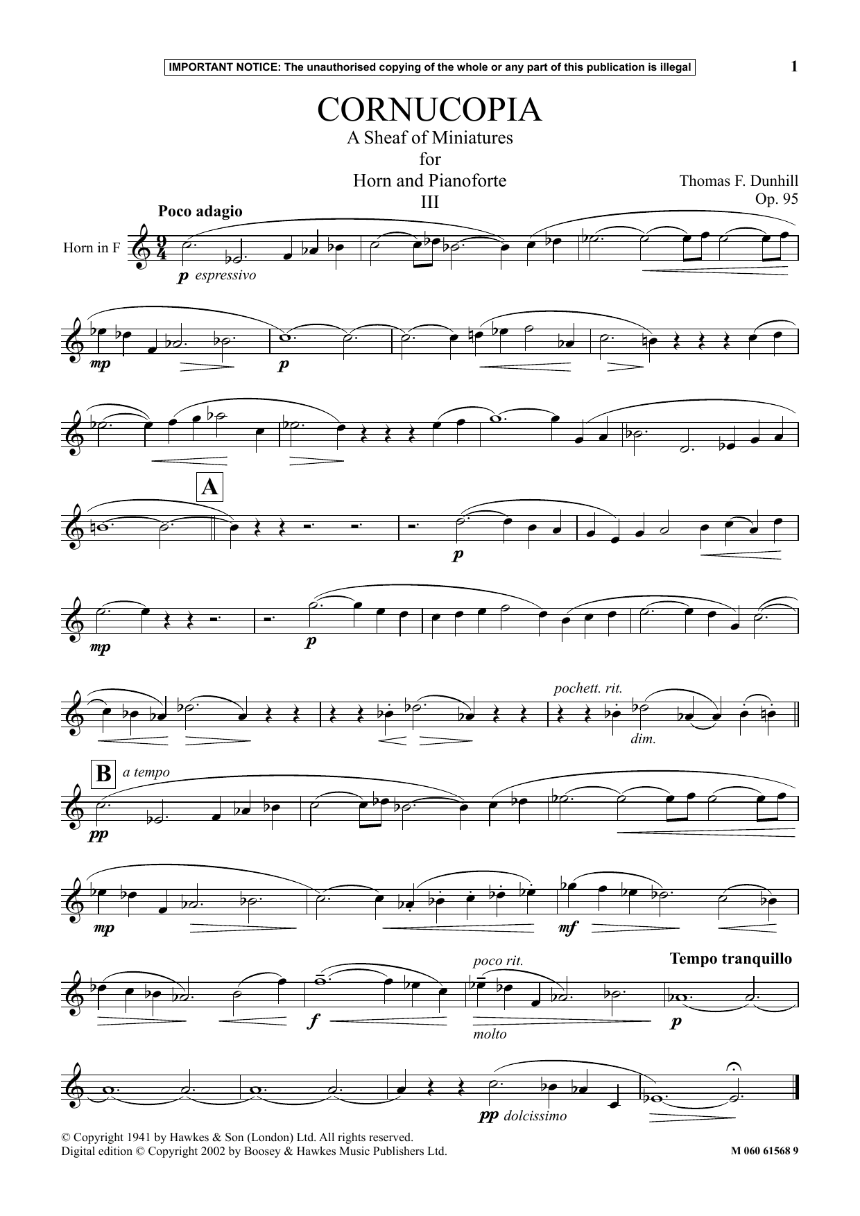 Thomas F. Dunhill Cornucopia- A Sheaf Of Miniatures For Horn And Pianoforte (III) Sheet Music