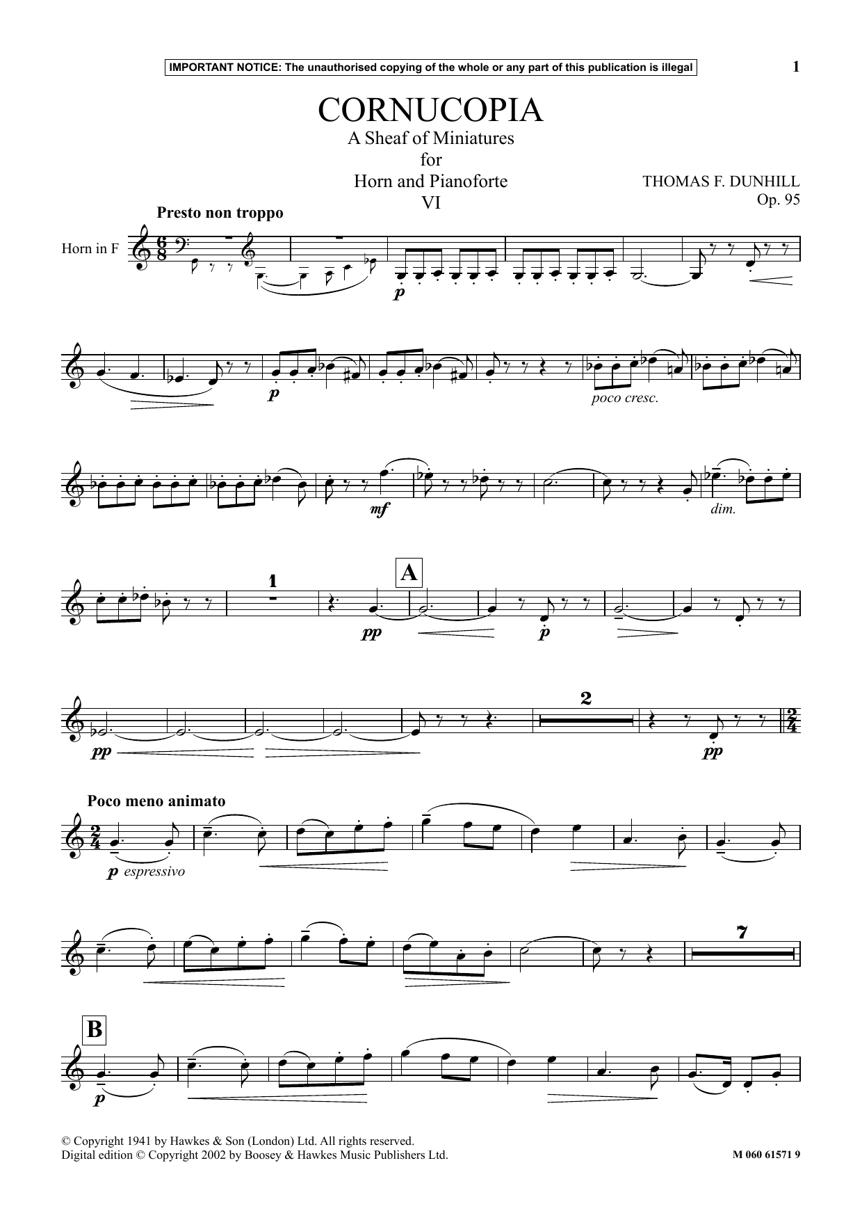Thomas F. Dunhill Cornucopia: A Sheaf Of Miniatures For Horn And Pianoforte (VI) Sheet Music