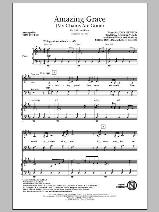 Tom Fettke Amazing Grace (My Chains Are Gone) Sheet Music