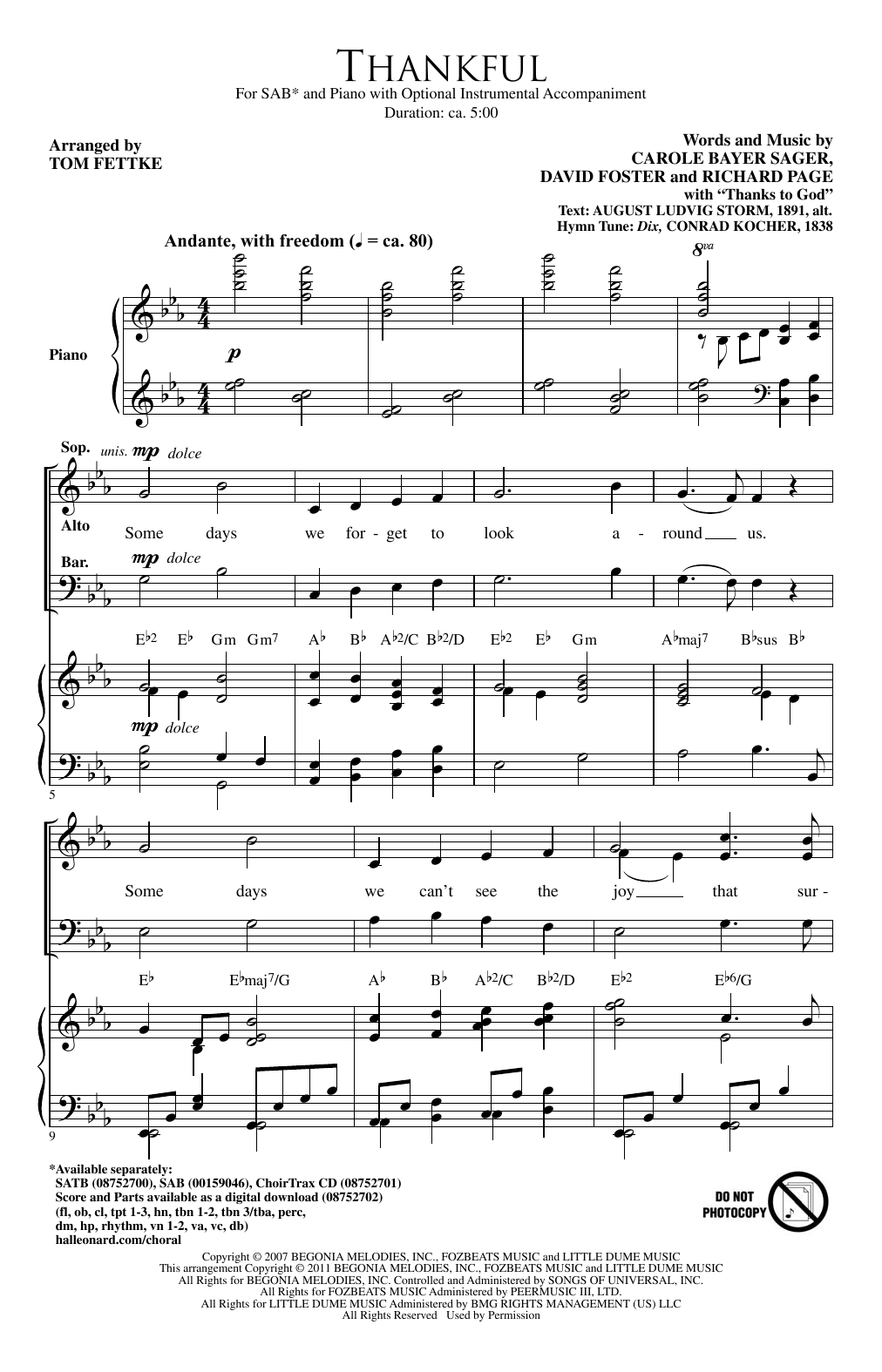 Tom Fettke Thankful Sheet Music