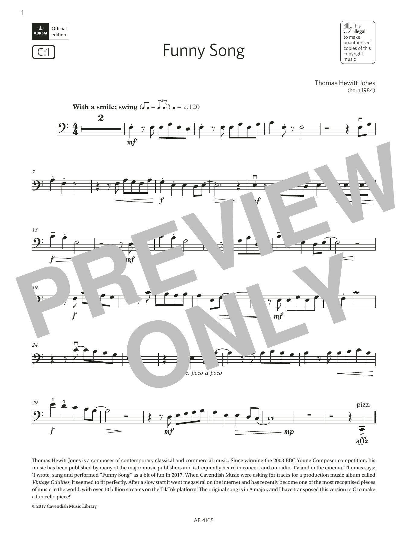Thomas Hewitt Jones Funny Song (Grade 2, C1, from the ABRSM Cello Syllabus from 2024) Sheet Music