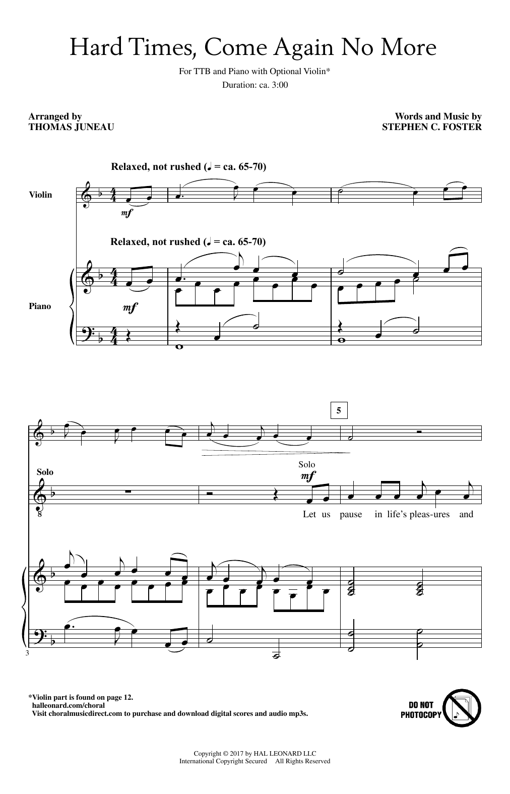 Thomas Juneau Hard Times, Come Again No More Sheet Music