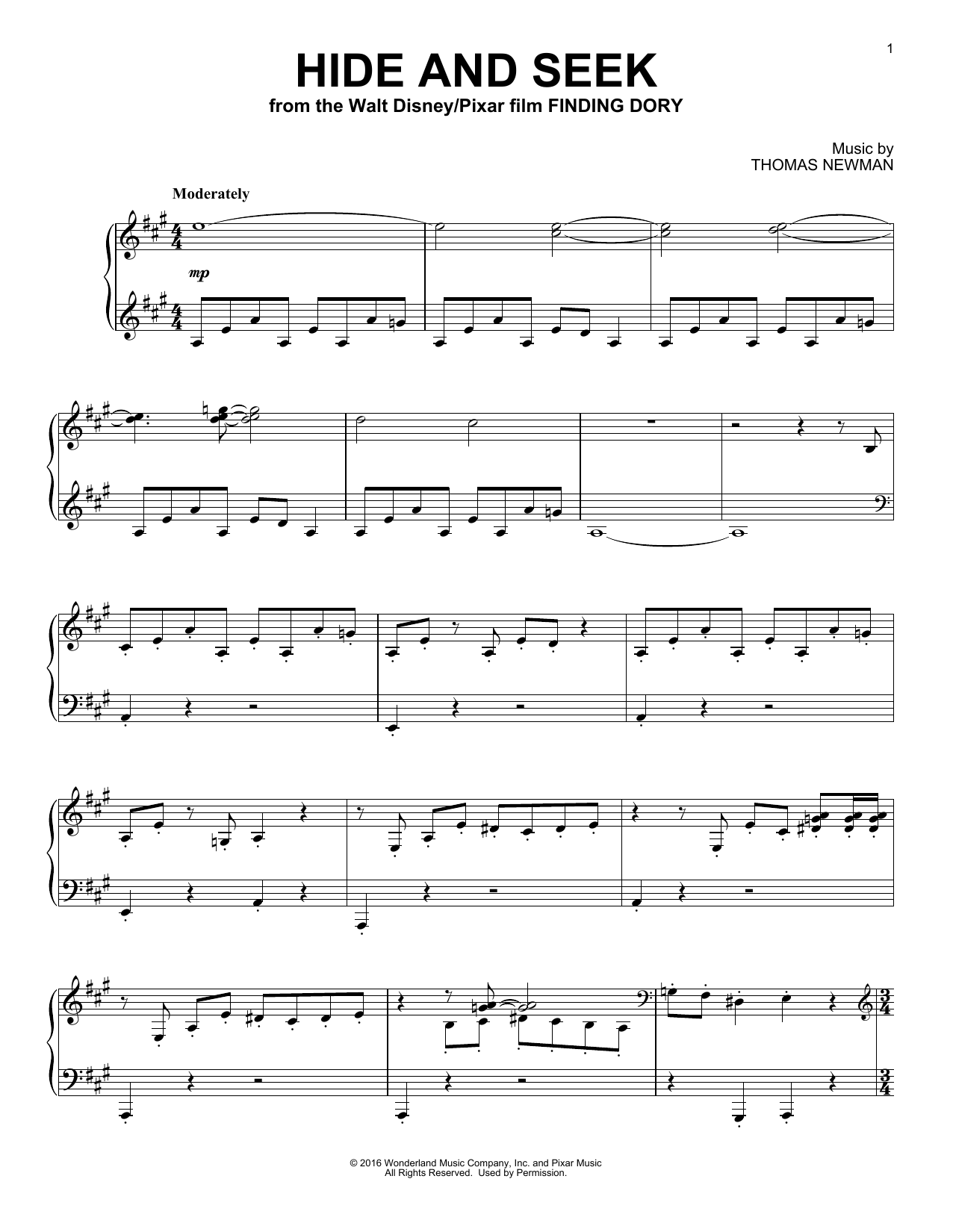 Thomas Newman Hide And Seek (from Finding Dory) Sheet Music