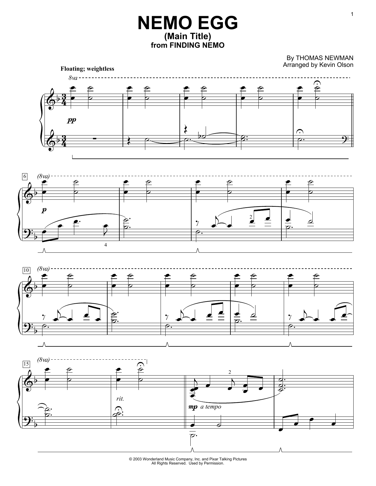 Thomas Newman Nemo Egg (Main Title) (from Finding Nemo) (arr. Kevin Olson) Sheet Music